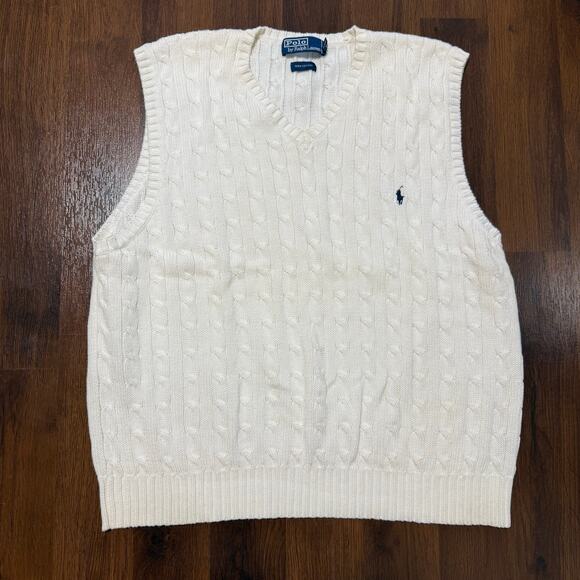 Polo Ralph Lauren Cable Knit Sweater Vest White Cotton Pony Preppy Old Money XL - Picture 1 of 6